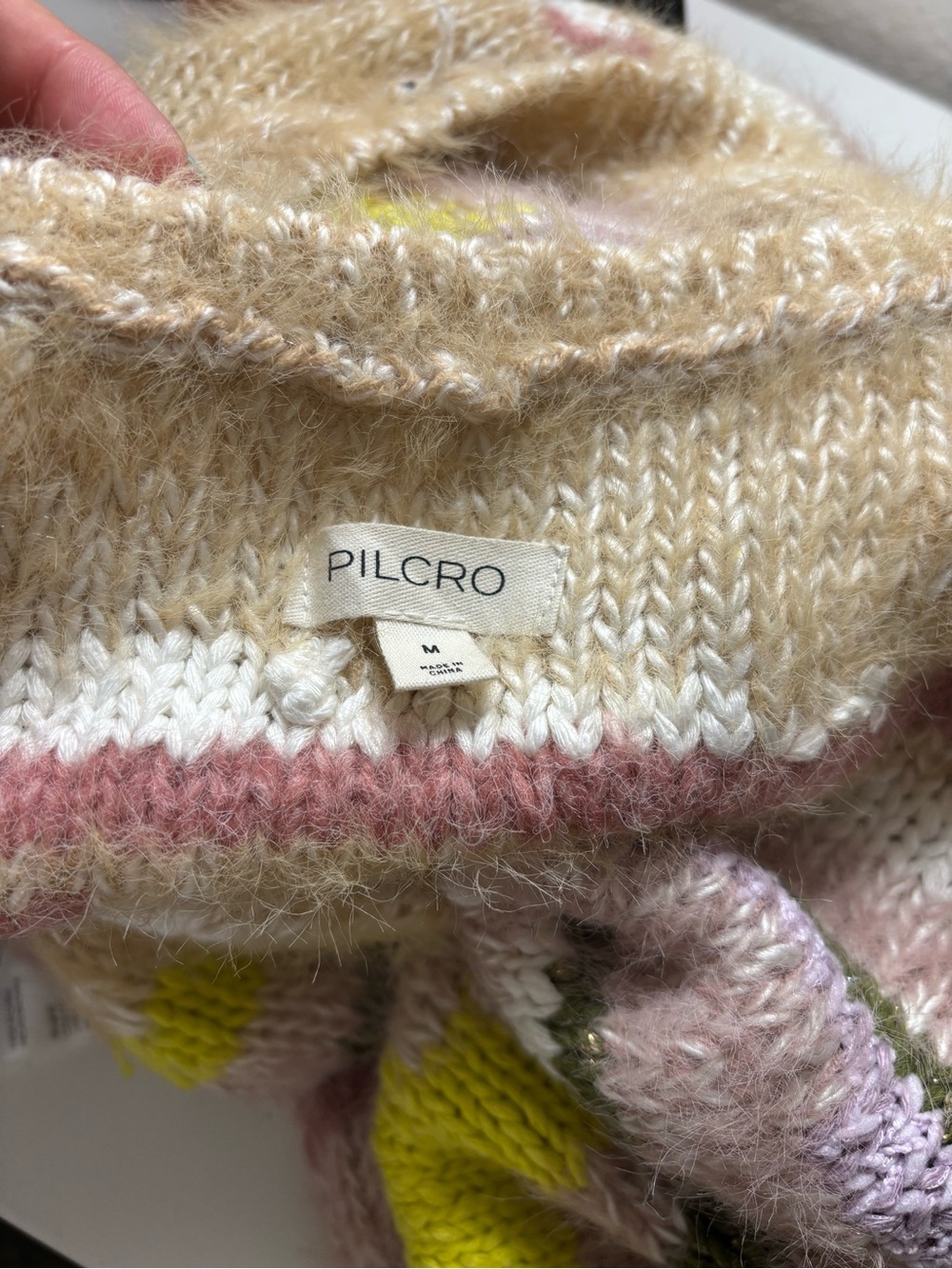 Pilcro Multicolor Fuzzy Knit Crewneck Sweater in Beige, Pink & Olive - Picture 3 of 4